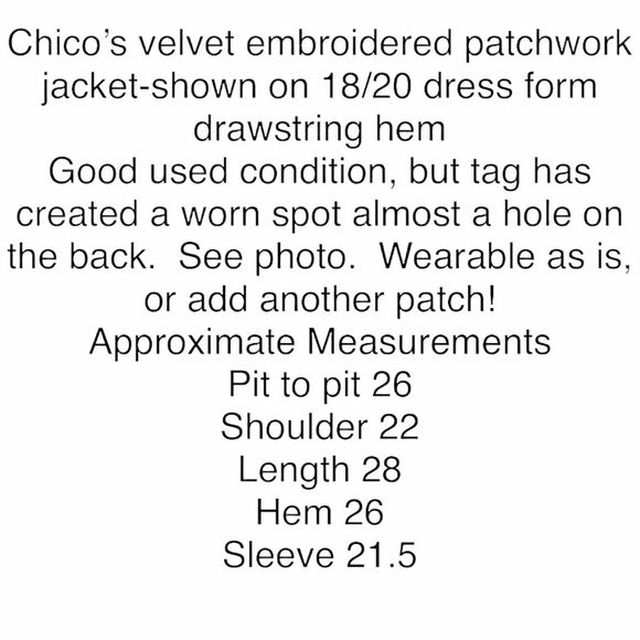 Embroidered Full Zip Jacket Chico’s Design Women's Patchwork Velvet sz 3/US XL - Picture 8 of 15